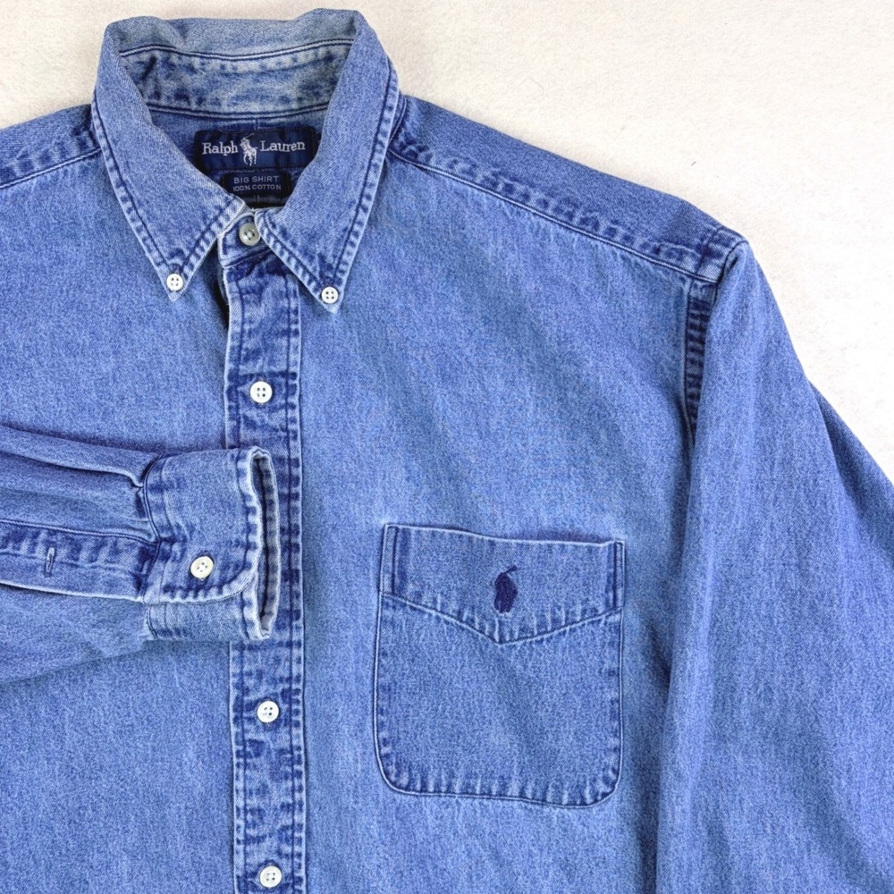 VTG Polo Ralph Lauren Big Shirt Mens Medium Blue Denim Long Sleeve Button Down